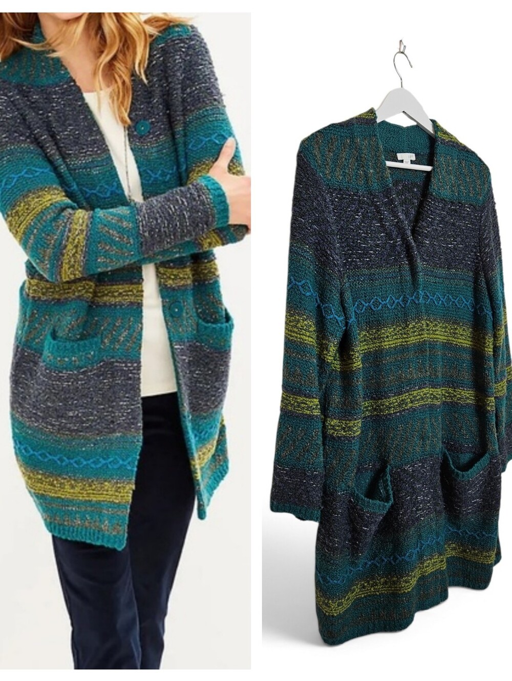 J.Jill Cardigan 1X Textured Jacquard Wool Blend Duster Striped Teal Olive Gray